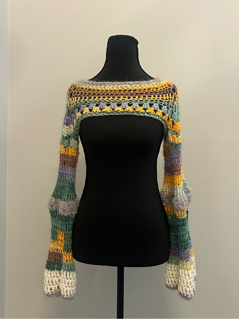 Handmade Crochet Shrug Bell Sleeve Bolero Multicolor Boho Festival